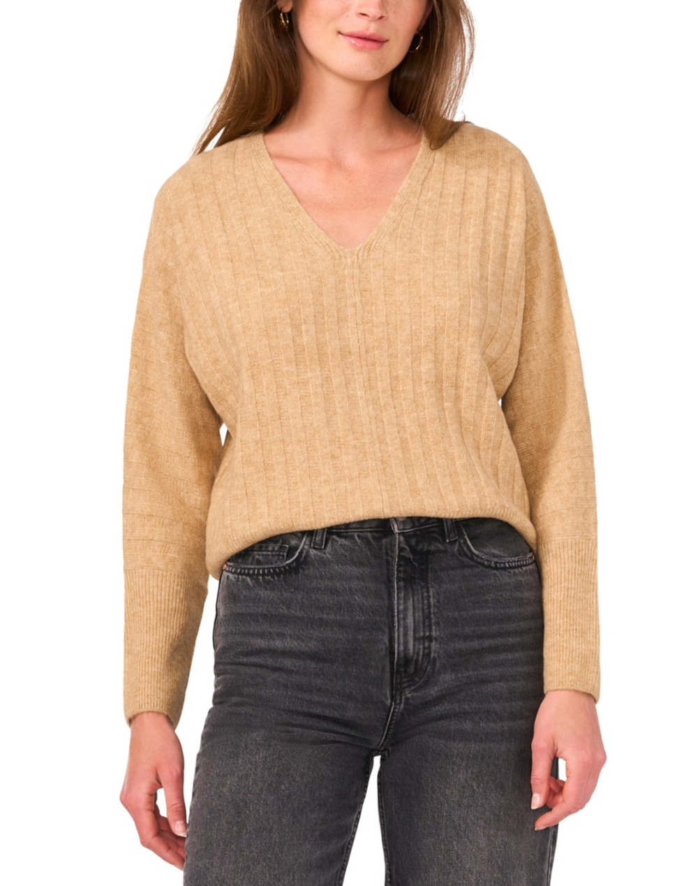 Vince Camuto Women Ribbed V-Neck Dolman Sleeve Sweater Latte Heather Size 2XL
